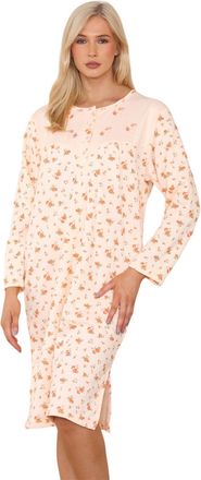 Generic Women Thermal Nightwear Floral Print Long Sleeve Button Winter Nightie M to 2XL Peach