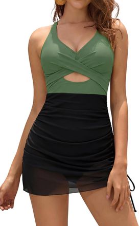 SHEKINI Womens One Piece Swimsuit Tummy Control Swimwear Sarong Wrap V Neck Swimming Costume Padded Cut Out Drawstring Summer Beach Swim Dress(Olive Green Bla