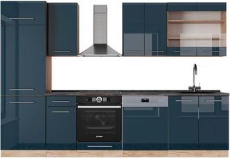 Vicco Mueble de cocina Fame-Line, Azul oscuro alto brillo/roble dorado, 300 cm, et Antracita