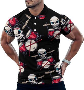 Generic Drummer Skull Drum Sticks Mens Polo Shirts Short Sleeve Golf Shirt Casual T-Shirt Top for Work Athletic XL