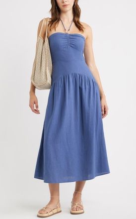 Treasure & Bond Halter Neck Drop Waist Linen Blend Maxi Dress in Blue Indigo at Nordstrom, Size Xx-Large