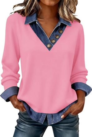 Generic Long Sleeve T Shirts Women, Ladies Jumpers Sweatshirts Long Sleeve Tops Women UK Trendy Denim Patchwork Tunics Blouse Going Out Slim Fit Pullover Shir