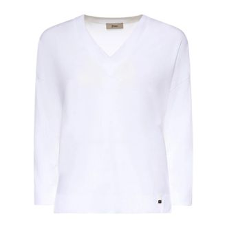 Herno Lyocell and Cotton Jersey Sweater - Dames - V-hals truien - Wit - S - Katoen - Truien & Vesten