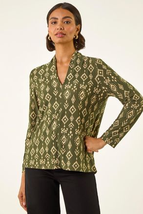 Roman Aztec Print V-Neck Stretch Top