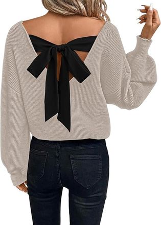 Generic Womens Fall Oversized V Neck Sweaters Back Bow Knot Long Sleeve Loose Fit Knit Pullover Casual Sexy Off The Shoulder Tops (Apricot,3XL)