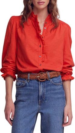 Boden Emily Pom Detail Ruffle Button-Up Shirt in Aurora Red at Nordstrom, Size 10