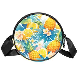 Generic Circle Crossbody Bag for Women, Tropical Pineapple Small Sling Bag Daypack with Zipper Adjustable Shoulder Straps Casual Ladies Girls Round Purse