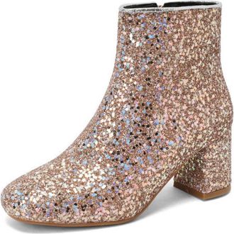 Generic Womens Glitter Ankle Boots with Chunky Block Heel & Side Zipper, for Party & Festive Wear,Gold,5.5 UK