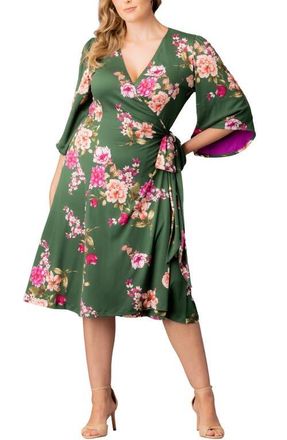 Kiyonna Gemini Floral Bell Sleeve Wrap Dress in Green Floral Print at Nordstrom, Size 0X