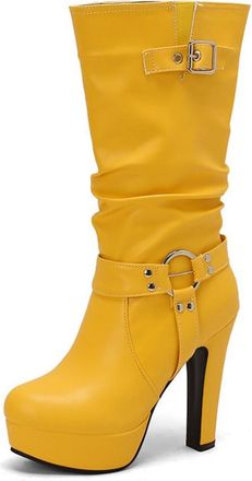 Generic Womens Chunky High Heel Platform Boots Pull on Slouchy Long Boots Round Toe PU Leather Mid-Calf Boot with Buckle,Yellow,10.5 UK
