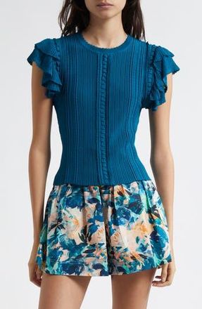 Ulla Johnson Giulia Ruffle Sleeve Rib Top in Lapiz at Nordstrom Rack, Size Large