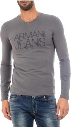 Armani Jeans Gezellige Gebreide Trui - Heren - Longsleeves - Grijs - XL - Katoen - Tops
