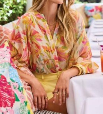 Tribal Rosesilk Flowy Dolman Sleeve Blouse With Self-Covering Buttons In Multi