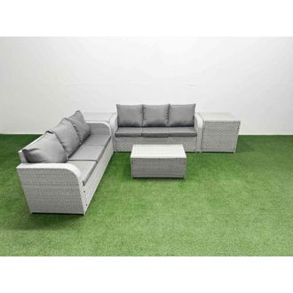 Fimous Outdoor Garden Furniture Sets 6 Seater Wicker Rattan Furniture Sofa Sets with Rectangular Coffee Table high Back Lounge Sofa 2 Side Table Light Grey