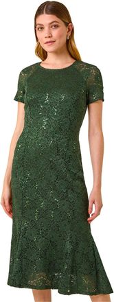 Roman Womens Leaf Lace Sequin Midi Dress - Green - Size 14 UK