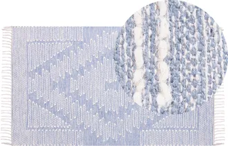Beliani Alfombra De Algod&oacute;n Azul Blanco Crema 80 X 150 Cm Geom&eacute;trico Tribal Borlas Ansar