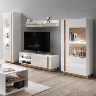 Dmora Parete Modulare Kanazala, Mueble De Sal&oacute;n, 8 Estantes, 11 Compartimentos, Blanco Brillante
