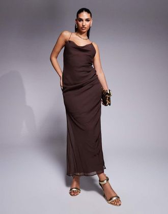 Asos asymmetric neck maxi dress with draped skirt and cutaway slit in chocolate-Brown