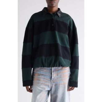 Acne Studios Striped Organic Cotton Fleece Polo Sweatshirt in Forest Green/Black at Nordstrom, Size Small