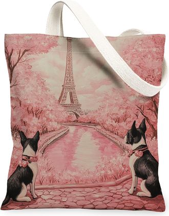 Generic Valentines Day Boston Terrier Dog Canvas Tote Bag for Shopping 13x15, Eiffel Tower Puppy Reusable Grocery Print Pattern Bag for Women, Couple Beach Ae