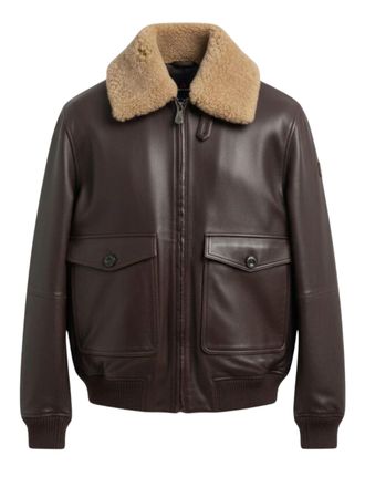 Peuterey Brown Leather Jacket With Shearling Collar And Ribbed Details