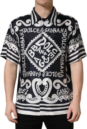 Dolce & Gabbana Black White Marina Print Silk Hawaii Mens Shirt (Pre-Owned)