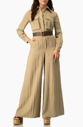 Ivonne Long Sleeve Button-Front Safari Utility Wide-Leg Jumpsuit in Olive Green at Nordstrom, Size 12