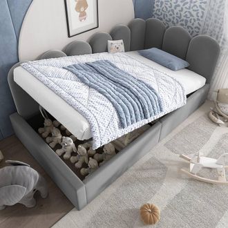 Matteo Grey Velvet Single Sofa Bed 90 x 190 cm, Daybed with Hydraulic Storage