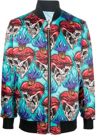 Philipp Plein tattoo-motif embroidered bomber jacket - men - Cotton/Polyester - 56 - Blue