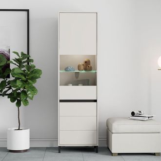 Dmora Vitrina Ovodda, Mueble Expositor 4 Estantes, 2 Puertas, Con Patas, Puerta Y Estante Detalle Vidrio, 55x40x193h Cm Blanco Crema