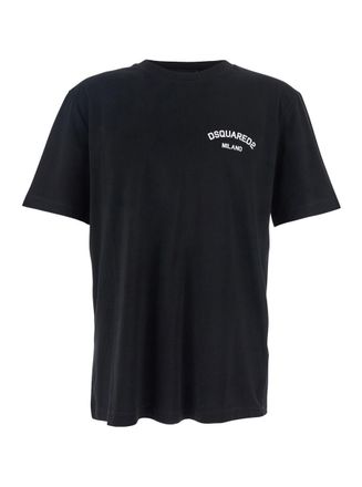 Dsquared2 Black Crewneck T-Shirt With Logo Lettering On The Front In Cotton Man