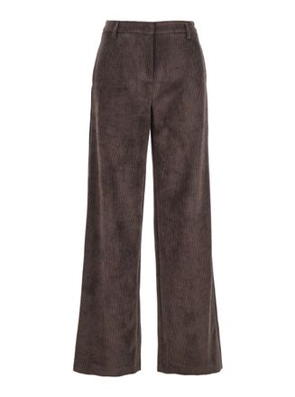 Plaîn Brown Pants With Belt Loops In Ribbed Velvet Woman