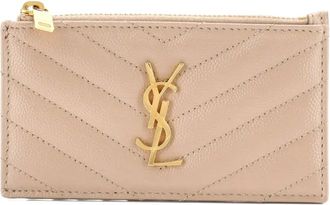 Saint Laurent Portacarte in pelle con monogramma e motivo Chevron - Toni neutri