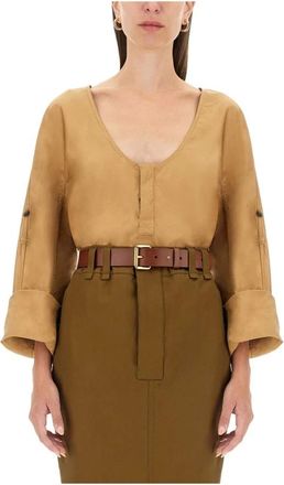 Saint Laurent Overhemden, Dames, Beige, M, V-Neck Popover Shirt