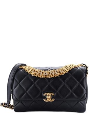 Chanel Crystal Logo Letters Chain Handle Flap Bag Quilted Lambskin Medium shoulder bag - Nero