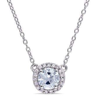 Amour 1/10 CT TW Diamond and Aquamarine Halo Necklace In Sterling Silver