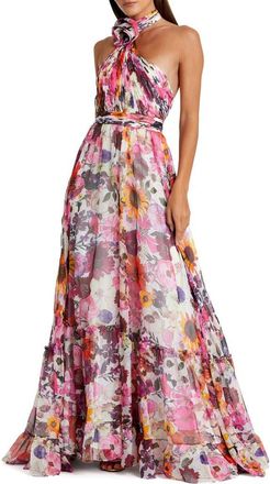 Mac Duggal Asymmetrical Ruffled Halter Floral Gown in White Multi at Nordstrom, Size 12