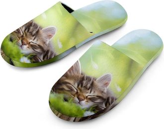 Generic Cats And Butterfly Mens Slippers Flannel Warm House Shoes with Rubber Anti-Slip Sole Slip On for Home Outdoor