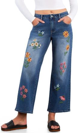 BILLY T Meadow Kiss Floral Embroidered Ankle Straight Leg Jeans in Shine Blue at Nordstrom, Size 30