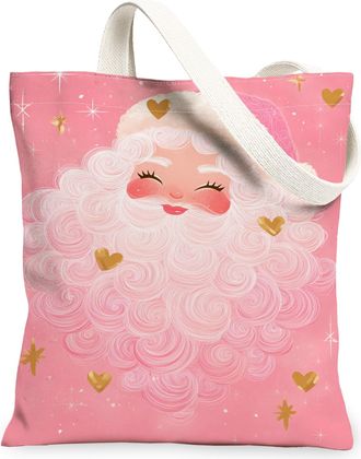 Generic Fanciful Santa Claus Canvas Tote Bags, Charming Holiday Design Reusable Grocery Bags, Vintage Lightweight Washable Shoulder, Peach, 13x15 Inch