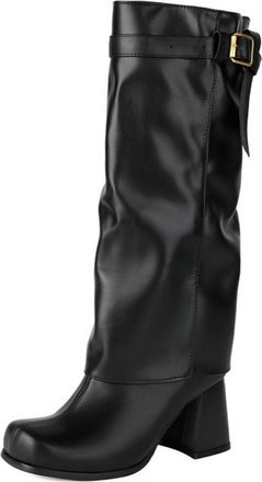Generic Womens Chunky Heel Knight Boot with Buckle Square Toe PU Leather Long Boots Pull on Knee High Boots,Black,3.5 UK