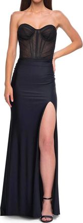 La Femme Strapless Sweetheart Corset Prom Gown In Black
