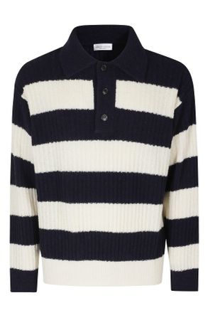 Roberto Collina Navy Ecru Striped Ribbed Wool Polo Shirt
