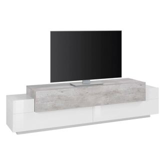 Dmora Dmora - Mueble Para Tv Para Sala De Estar, Made In Italy, Mueble Para Tv Con 3 Puertas Y Estantes, Cm 200x45h52, Blanco Brillante Y Color Cemento, Con