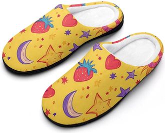 Generic Vintage Celestial Moon Strawberry Mens Slippers Slip On Comfortable Fleece Cotton House Shoes Winter