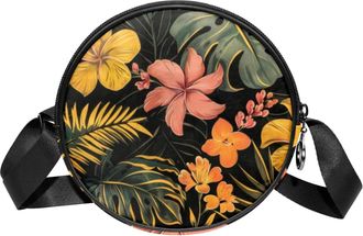 Generic Circle Crossbody Bag for Women, Tropical Plants Small Sling Bag Daypack with Zipper Adjustable Shoulder Straps Casual Ladies Girls Round Purse