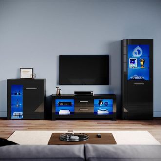 Elegant Lighting Living Room Set Modern High Gloss Fronts with led Light, 1300mm tv Stand, Display Cabinet with Glass Shelf Bookcase Sideboard Cupboard, Black