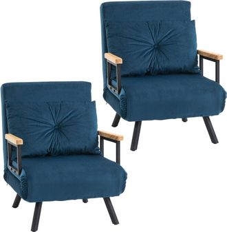 HOMCOM Pack De 2 Sof&aacute;s Cama De 1 Plaza Tapizados En Terciopelo Con Respaldo Ajustable De 5 Niveles Y Almohadas Acolchadas 63x73x81 Cm Azul - Homcom