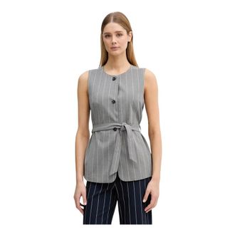 Benetton Jassen, Dames, Grijs, XS, Leer, Mouwloos Vest met Pinstripe en Tailleband