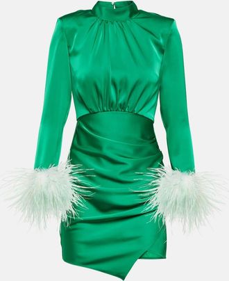 Self Portrait Feather-trimmed cutout satin minidress